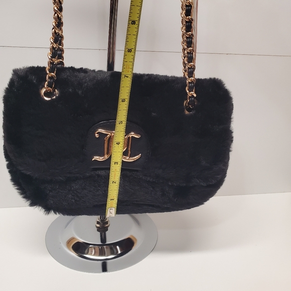 Black Faux Fur Flap Shoulder Bag with Gold Chain by - Picture 4 of 9